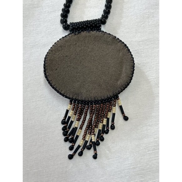 Handcrafted Beaded Necklace Horse Cameo Seed Bead Fringe Tassels - Picture 6 of 9